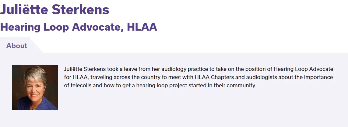 Profile of Juliëtte Sterkens, HLAA Hearing Loop Advocate